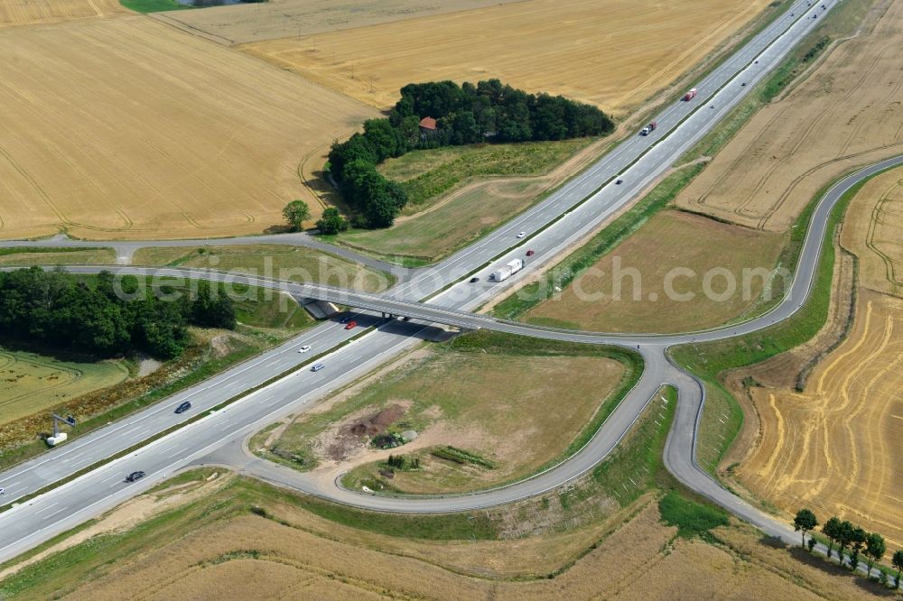 Triptis from above - Buildings and route of the motorway A9 motorway with four lanes now. Currently, reconstruction, expansion and new construction work is underway for the six-lane expansion of Highway 9 between Triptis and Schleiz by Wayss & Freytag Ingenieurbau and EUROVIA VINCI in Thuringia