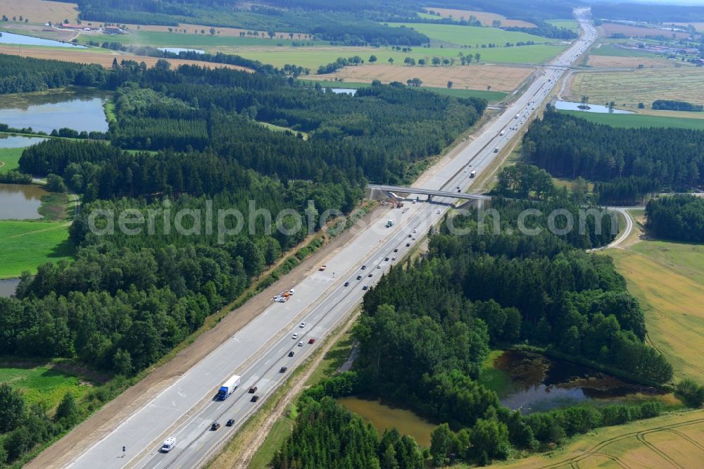 Wüstenwetzdorf from above - Buildings and route of the motorway A9 motorway with four lanes now. Currently, reconstruction, expansion and new construction work is underway for the six-lane expansion of Highway 9 between Triptis and Schleiz by Wayss & Freytag Ingenieurbau and EUROVIA VINCI in Thuringia