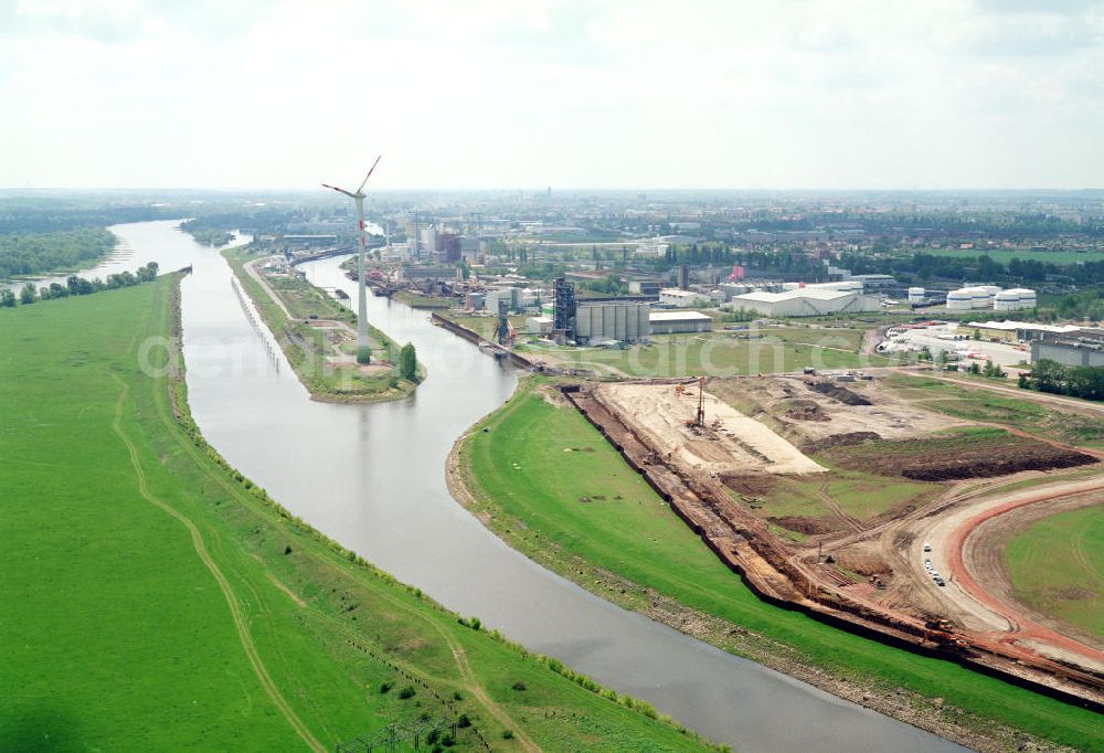 Aerial image Magdeburg / Sachsen-Anhalt - Ausbau des Binenhafens Magdeburg im Zuge von Ausgleichs- und Ersatzmaßnahmen am Wasserstraßenkreuz Magdeburg / Elbe-Havel-Kanal. Ein Projekt des Wasserstraßenneubauamtes Magdeburg