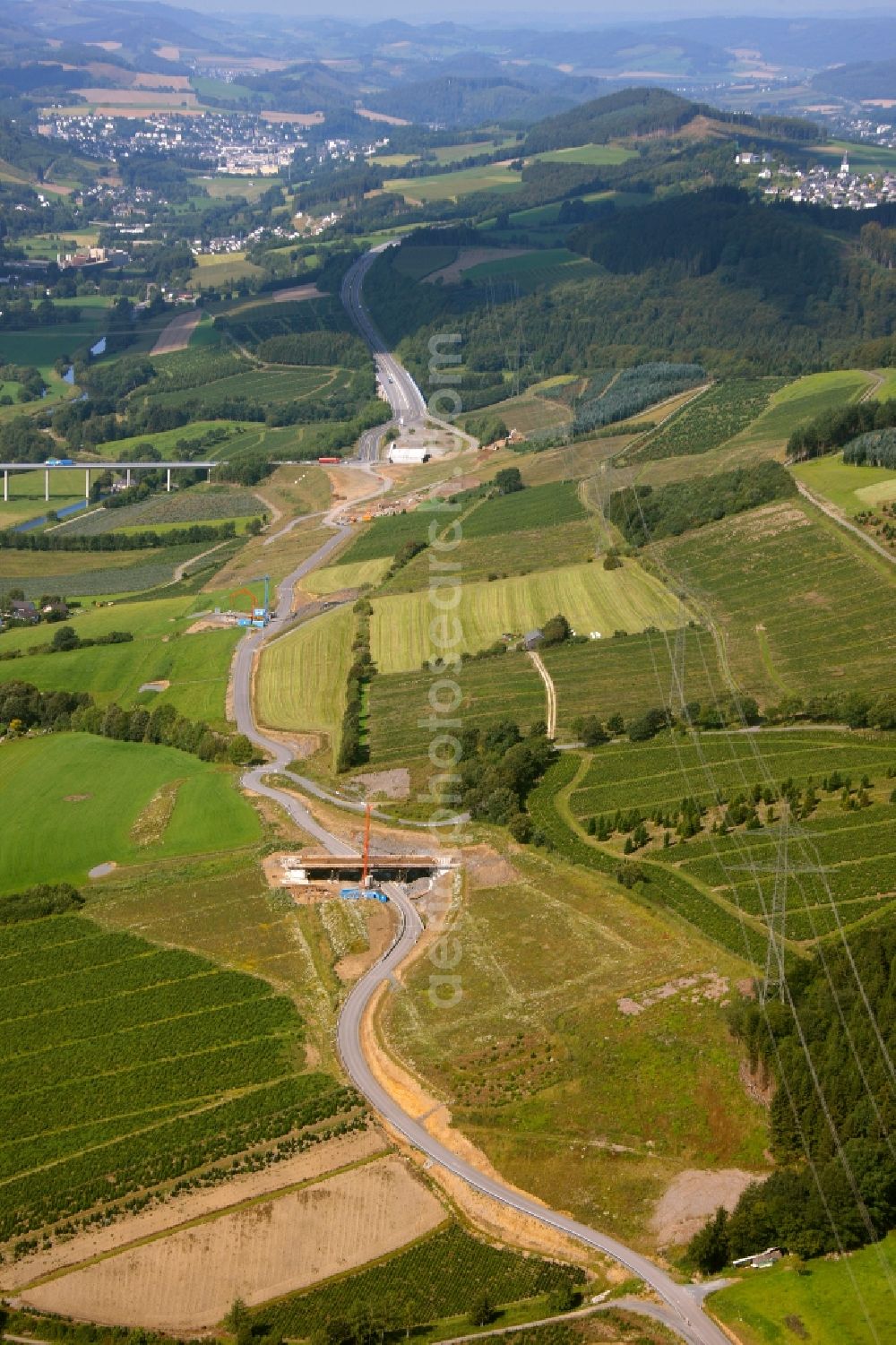 Aerial image Olsberg - Expansion of the motorway A46 motorway between Olsberg and Meschede in the Sauerland district in the state of North Rhine-Westfalene,