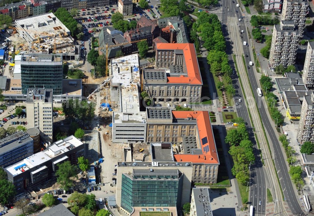 WROCLAW - BRESLAU from the bird's eye view: View of the reconstruction and expansion of the campus of Wroclaw University of Technology / Breslau in Lower Silesia in Poland. Its an autonomous technical university in Wroc?aw, Poland. With buildings dispersed throughout the city, its main facilities are gathered at a central location near Plac Grunwaldzki, alongside the Oder River