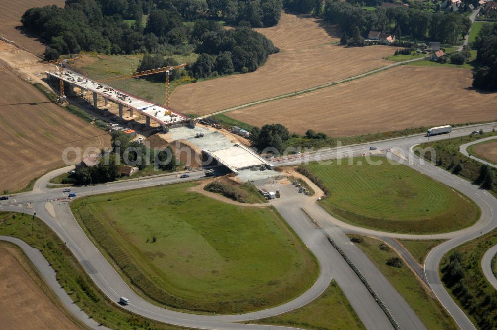 Aerial image Löbau - Blick auf den Ausbau der B 178 an der Ortsumfahrung Löbau im Landkreis Görlitz in Sachsen. Im Zuge des Bauvorhabens B 178 Neuverlegung zwischen der BAB A 4 und der Bundesgrenze D / PL errichtet die Hentschke Bau GmbH die Neubaustrecke der B 178. Kontakt: Hentschke Bau GmbH, Tel. +49 (0) 359 167 030,