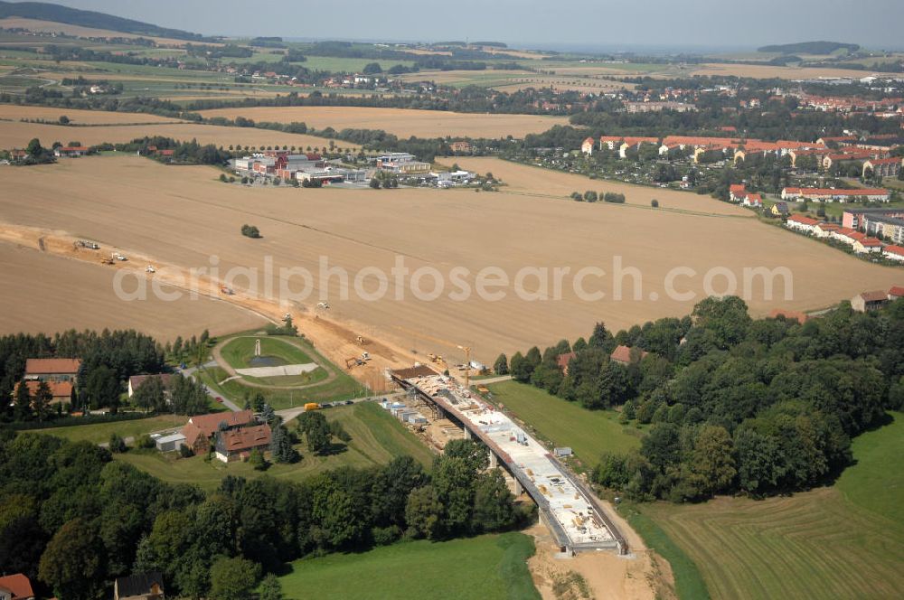 Aerial image Löbau - Blick auf den Ausbau der B 178 an der Ortsumfahrung Löbau im Landkreis Görlitz in Sachsen. Im Zuge des Bauvorhabens B 178 Neuverlegung zwischen der BAB A 4 und der Bundesgrenze D / PL errichtet die Hentschke Bau GmbH die Neubaustrecke der B 178. Kontakt: Hentschke Bau GmbH, Tel. +49 (0) 359 167 030,