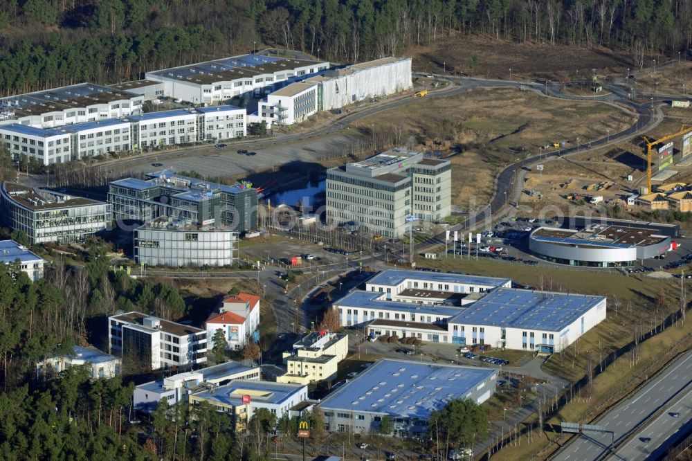 Aerial photograph Kleinmachnow OT Dreilinden - The expansion of the commercial site Europarc Dreilinden Kleinmachnow OT Dreilinden in Brandenburg