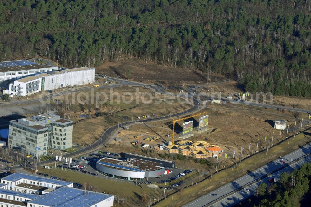 Kleinmachnow OT Dreilinden from above - The expansion of the commercial site Europarc Dreilinden Kleinmachnow OT Dreilinden in Brandenburg