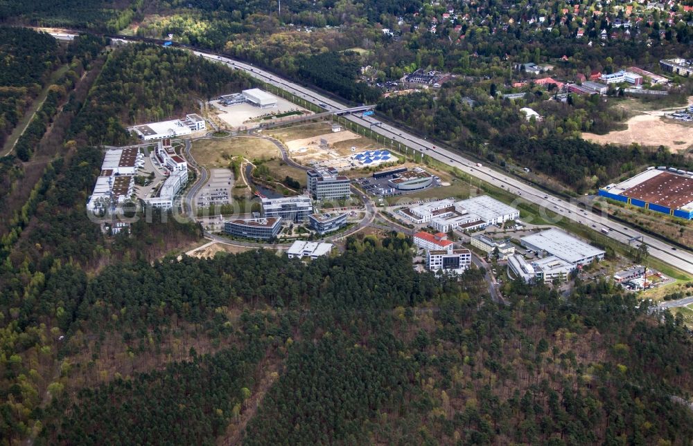 Kleinmachnow OT Dreilinden from the bird's eye view: The expansion of the commercial site Europarc Dreilinden Kleinmachnow OT Dreilinden in Brandenburg. The Business Campus EUROPARC DREILINDEN serves more than 80 companies with about 3,000 employees as the company headquarters