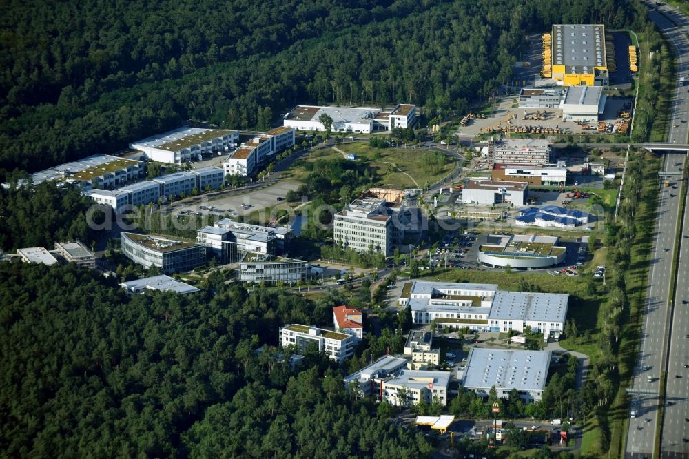 Aerial image Kleinmachnow - The expansion of the commercial site Europarc Dreilinden Kleinmachnow OT Dreilinden in Brandenburg. The Business Campus EUROPARC DREILINDEN serves more than 80 companies the company headquarters