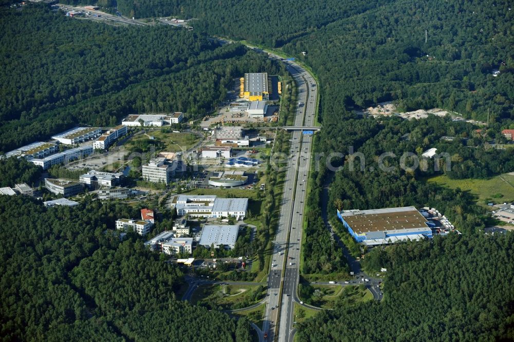 Kleinmachnow from above - The expansion of the commercial site Europarc Dreilinden Kleinmachnow OT Dreilinden in Brandenburg. The Business Campus EUROPARC DREILINDEN serves more than 80 companies the company headquarters