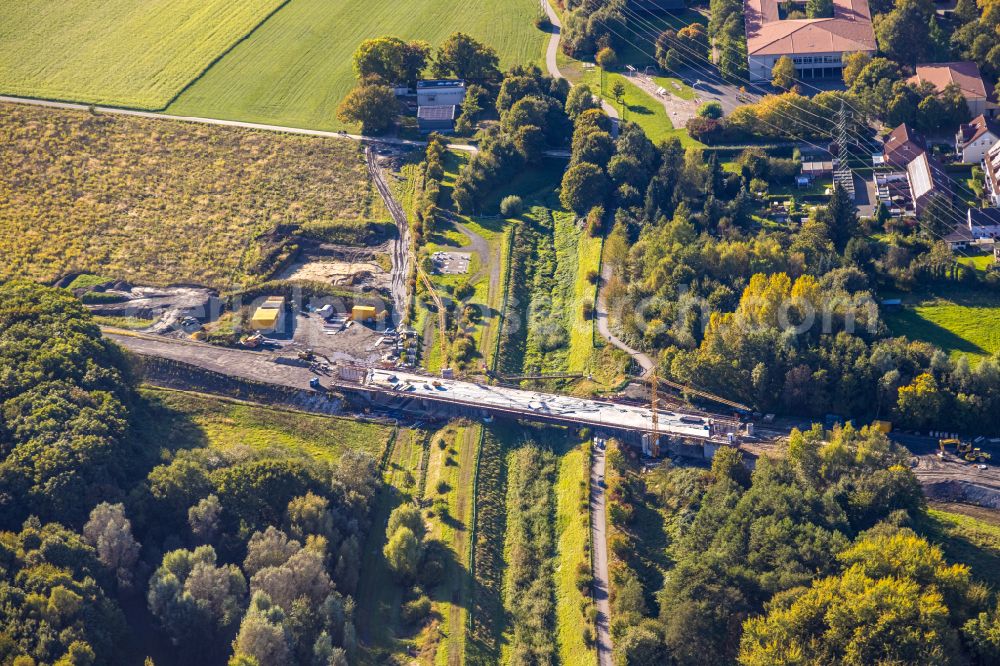 Bergkamen from above - Expansion of the bypass - bypass Kuhbachbruecke on the L821n between Erich-Ollenhauer-Strasse and Luenener Strasse at the In der Schlenke industrial estate in Bergkamen in the Ruhr area in the federal state of North Rhine-Westphalia, Germany