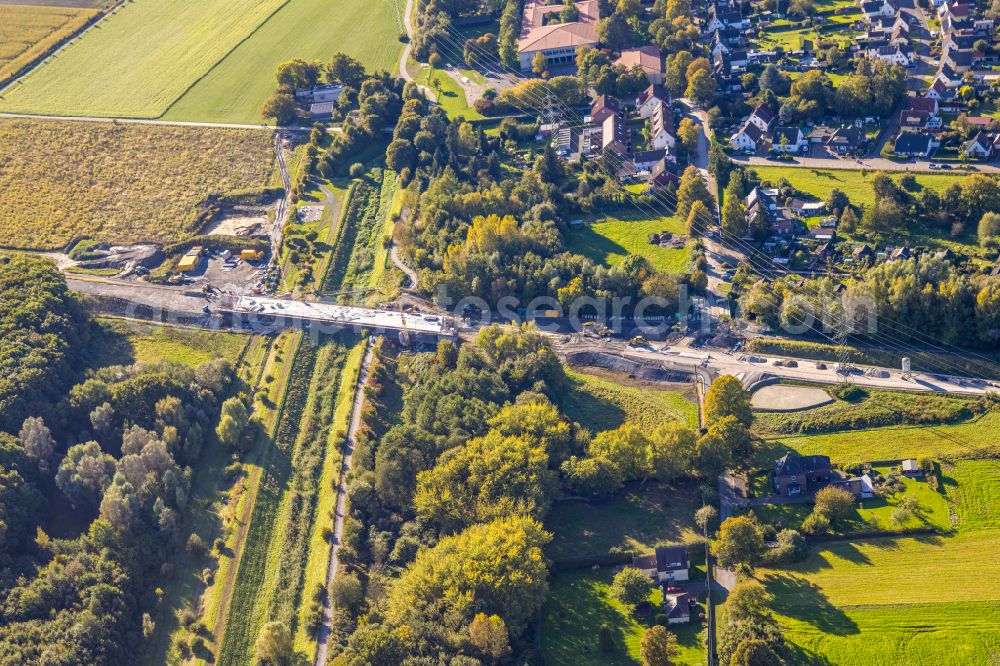 Aerial image Bergkamen - Expansion of the bypass - bypass Kuhbachbruecke on the L821n between Erich-Ollenhauer-Strasse and Luenener Strasse at the In der Schlenke industrial estate in Bergkamen in the Ruhr area in the federal state of North Rhine-Westphalia, Germany