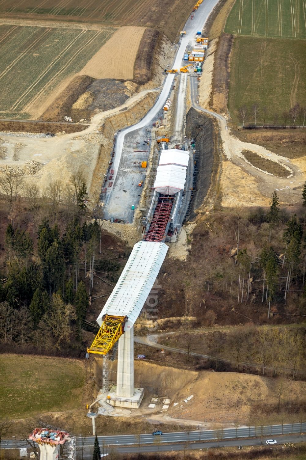 Bad Wünnenberg from above - Construction of the bypass road in in Bad Wuennenberg in the state North Rhine-Westphalia, Germany