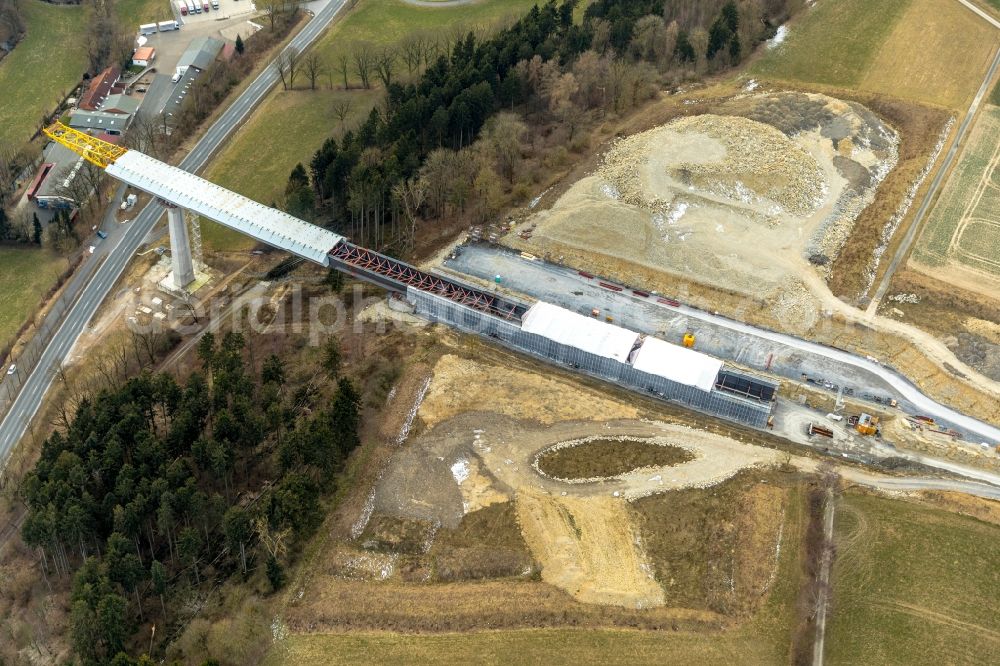 Bad Wünnenberg from above - Construction of the bypass road in in Bad Wuennenberg in the state North Rhine-Westphalia, Germany