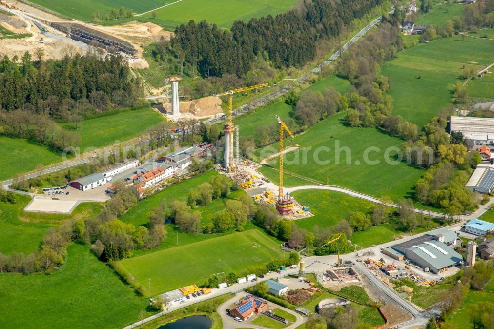 Bad Wünnenberg from above - Construction of the bypass road bridge Aftetalbruecke in in Bad Wuennenberg in the state North Rhine-Westphalia