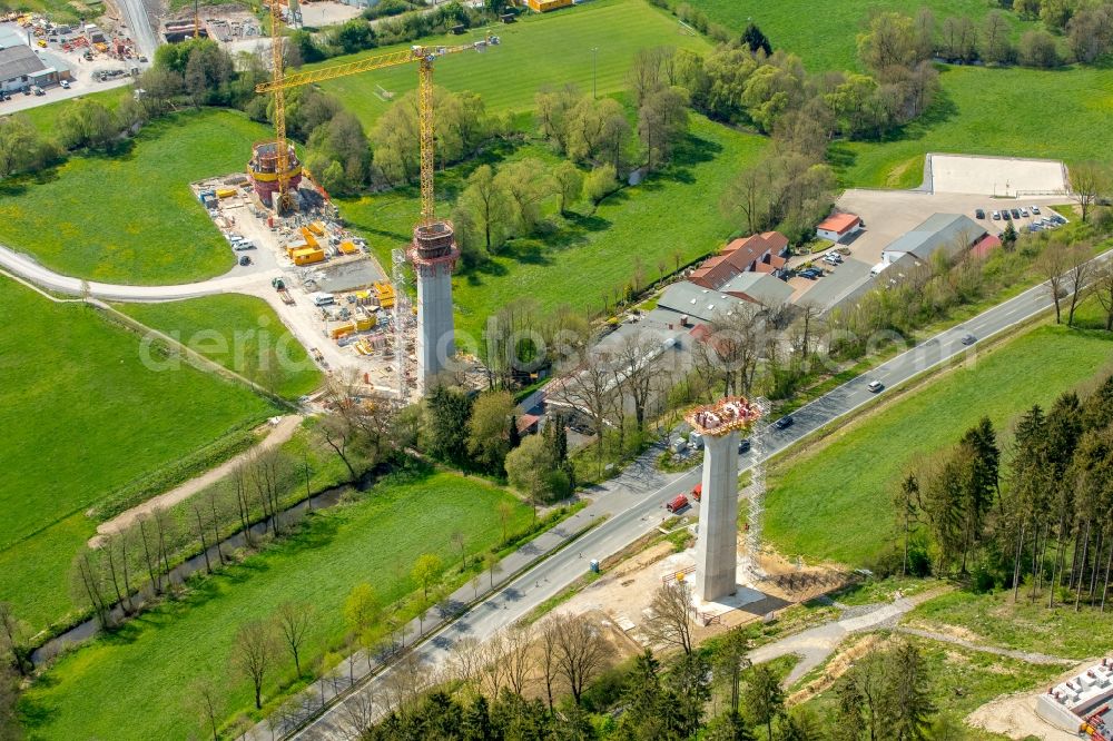 Bad Wünnenberg from above - Construction of the bypass road bridge Aftetalbruecke in in Bad Wuennenberg in the state North Rhine-Westphalia