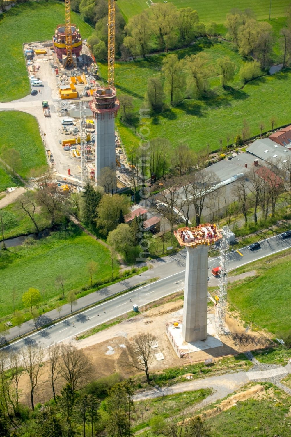 Bad Wünnenberg from above - Construction of the bypass road bridge Aftetalbruecke in in Bad Wuennenberg in the state North Rhine-Westphalia