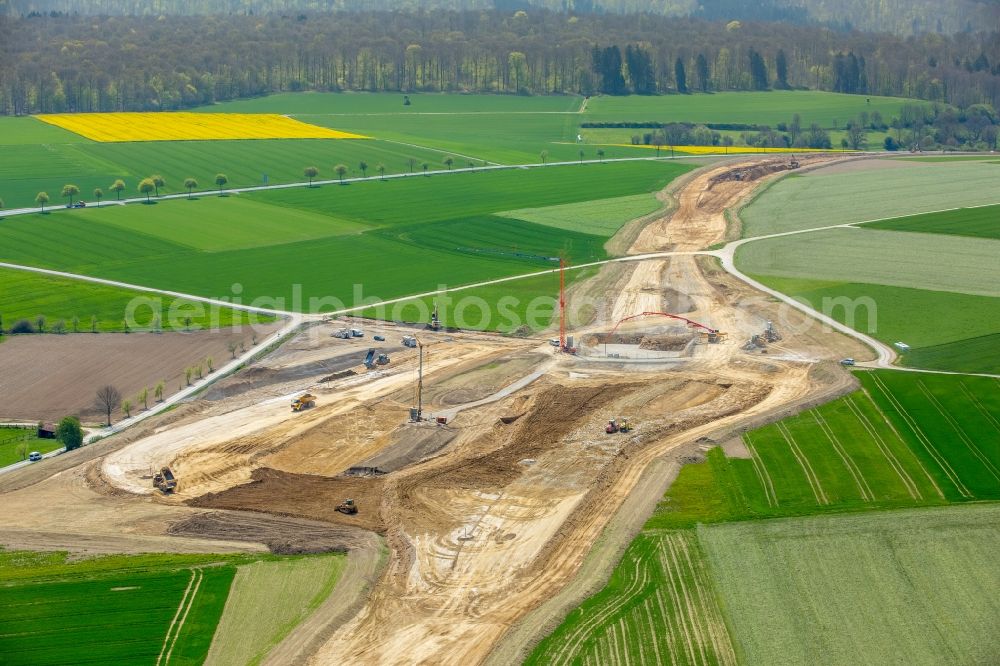 Bad Wünnenberg from the bird's eye view: Construction of the bypass road bridge Aftetalbruecke in in Bad Wuennenberg in the state North Rhine-Westphalia