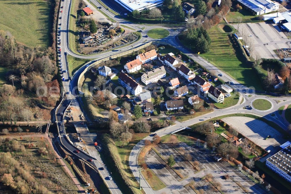 Aerial image Maulburg - Construction works at the bypass road B317 with temporary Bridge and district in Maulburg in the state Baden-Wurttemberg, Germany