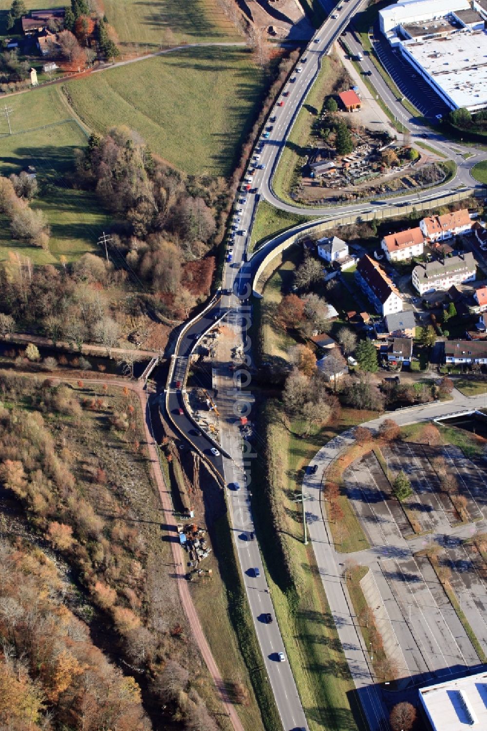 Aerial photograph Maulburg - Construction works at the bypass road B317 with temporary Bridge in Maulburg in the state Baden-Wurttemberg, Germany