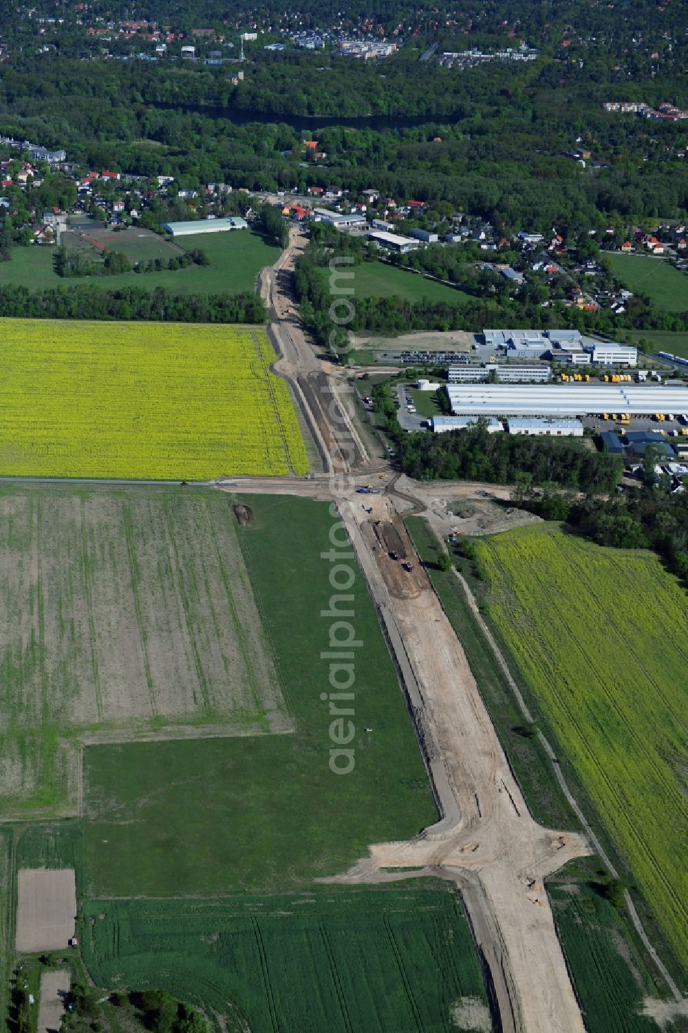 Aerial image Stahnsdorf - Construction of the bypass road L77 n in in the district Gueterfelde in Stahnsdorf in the state Brandenburg, Germany