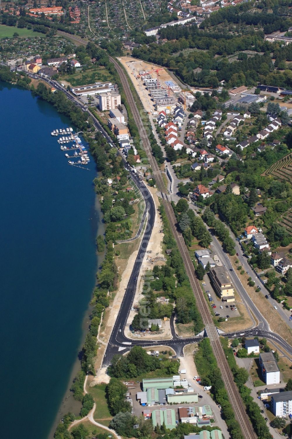 Grenzach-Wyhlen from above - Construction of the bypass road in Grenzach-Wyhlen at the river Rhine in the state Baden-Wurttemberg, Germany