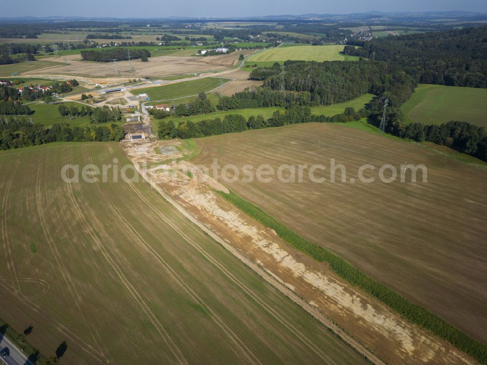 Eschdorf from above - Construction of the bypass road in on street Pirnaer Strasse in Eschdorf in the state Saxony, Germany