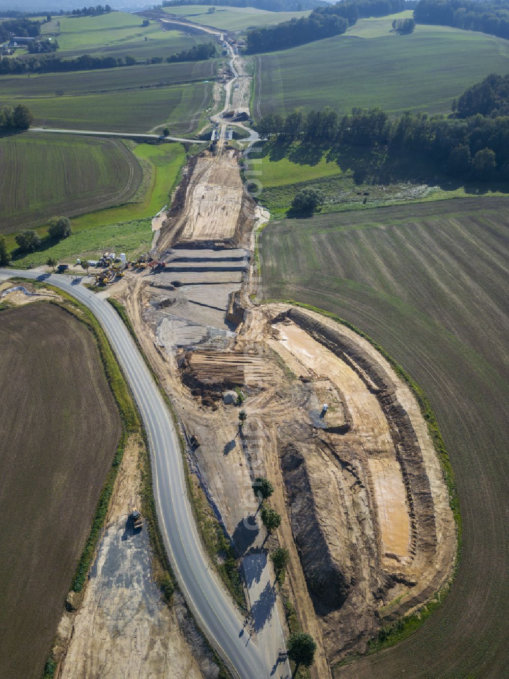 Aerial photograph Eschdorf - Construction of the bypass road in on street Pirnaer Strasse in Eschdorf in the state Saxony, Germany