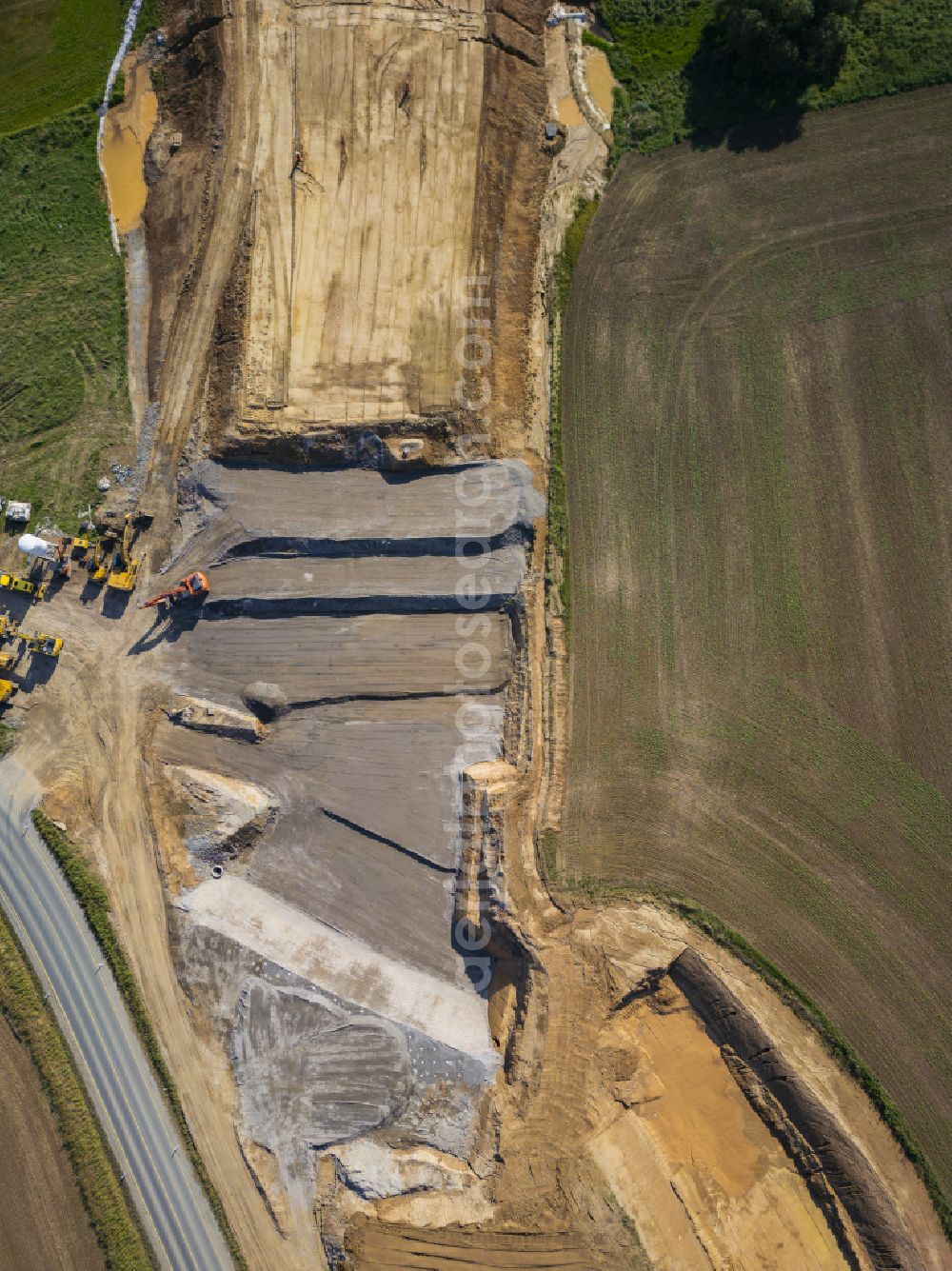 Eschdorf from above - Construction of the bypass road in on street Pirnaer Strasse in Eschdorf in the state Saxony, Germany