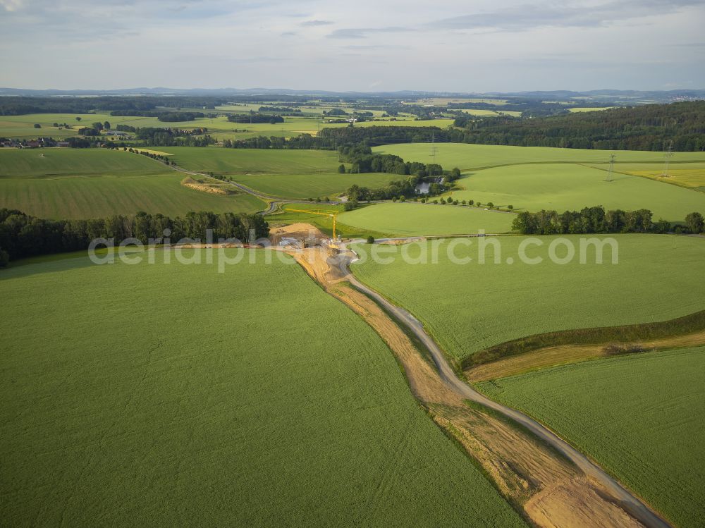 Eschdorf from above - Construction of the bypass road in on street Pirnaer Strasse in Eschdorf in the state Saxony, Germany