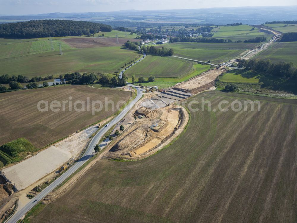 Aerial image Eschdorf - Construction of the bypass road in on street Pirnaer Strasse in Eschdorf in the state Saxony, Germany