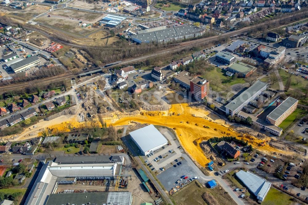 Dorsten from the bird's eye view: Construction of the bypass road in in the district Hervest in Dorsten in the state North Rhine-Westphalia