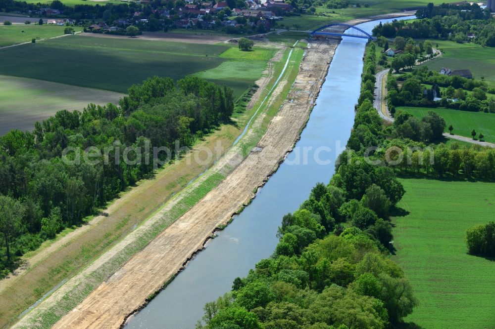 Parey from above - Expansion of bank stabilization on the waterway Elbe-Havel Canal at Parey in the state of Saxony-Anhalt