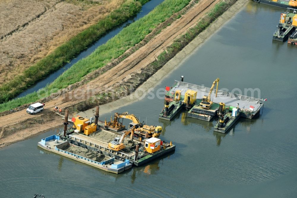 Burg from the bird's eye view: Riparian zones on the course of the river of Elbe-Havel-Kanal near Burg in the state Saxony-Anhalt, Germany