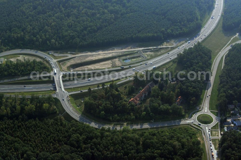 Stahnsdorf OT Güterfelde from the bird's eye view: Construction for the expansion and reconstruction of the country's road to L40 bypass Güterfelde in Brandenburg