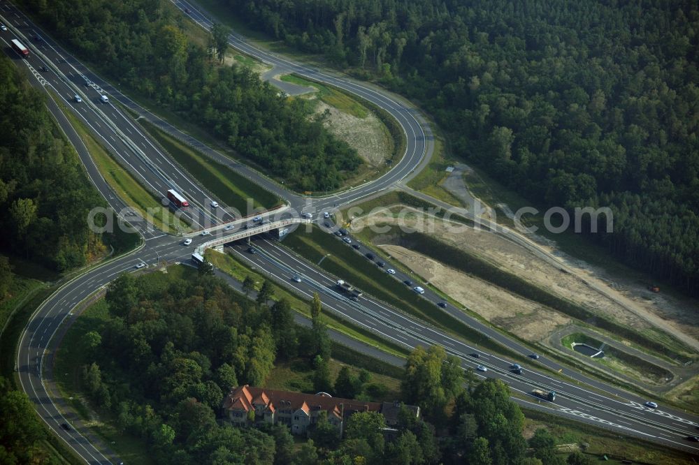 Aerial image Stahnsdorf OT Güterfelde - Construction for the expansion and reconstruction of the country's road to L40 bypass Güterfelde in Brandenburg