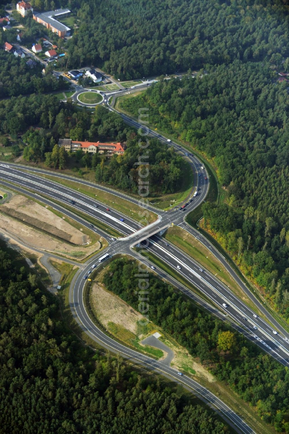 Aerial image Stahnsdorf OT Güterfelde - Construction for the expansion and reconstruction of the country's road to L40 bypass Güterfelde in Brandenburg