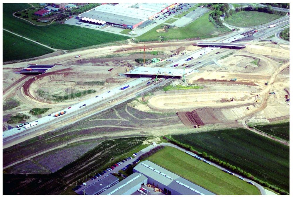 Aerial photograph Brehna / Sachsen-Anhalt - Ausbau der A100 Umfahrung von Brehna im Bereich der A9 / B100 zwischen Halle und Brehna in Sachsen-Anhalt nördlich des Schkeuditzer Kreuzes.