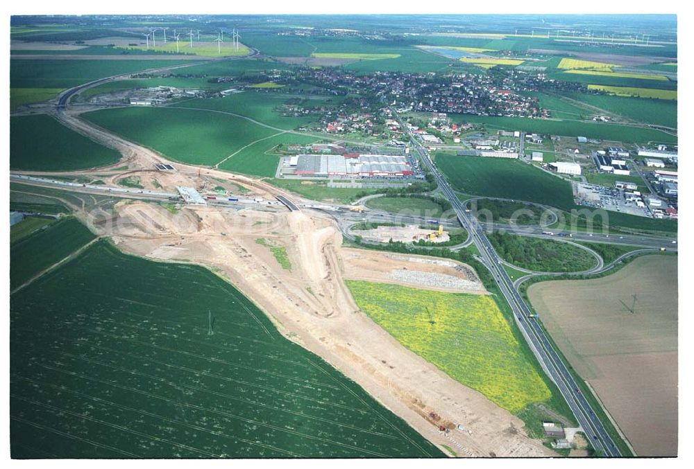 Brehna / Sachsen-Anhalt from the bird's eye view: Ausbau der A100 Umfahrung von Brehna im Bereich der A9 / B100 zwischen Halle und Brehna in Sachsen-Anhalt nördlich des Schkeuditzer Kreuzes.