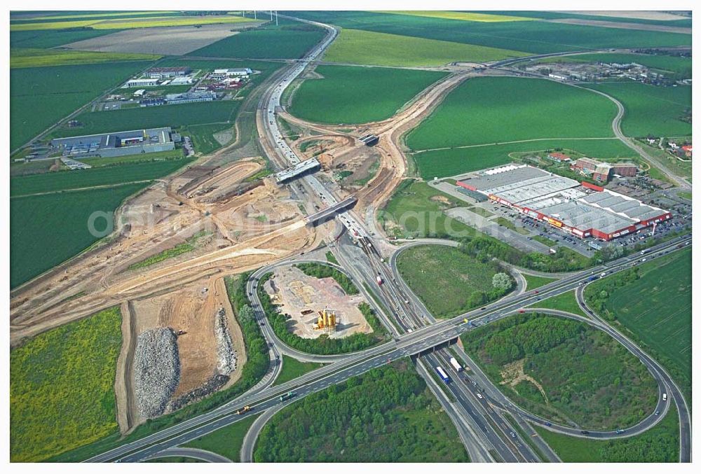 Aerial image Brehna / Sachsen-Anhalt - Ausbau der A100 Umfahrung von Brehna im Bereich der A9 / B100 zwischen Halle und Brehna in Sachsen-Anhalt nördlich des Schkeuditzer Kreuzes.