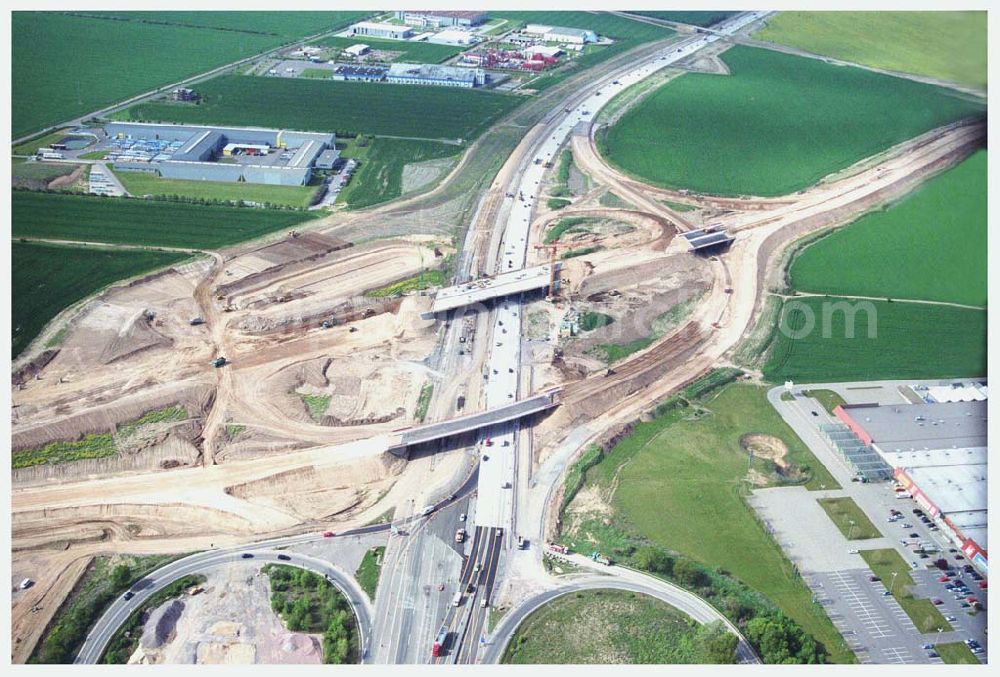 Aerial photograph Brehna / Sachsen-Anhalt - Ausbau der A100 Umfahrung von Brehna im Bereich der A9 / B100 zwischen Halle und Brehna in Sachsen-Anhalt nördlich des Schkeuditzer Kreuzes.