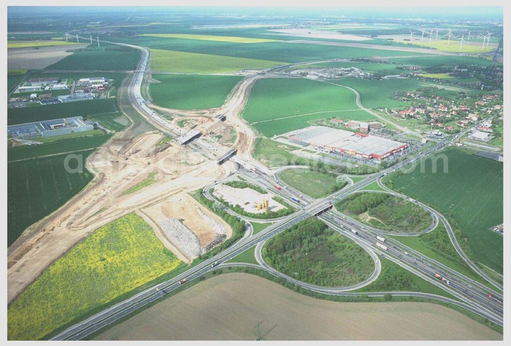 Aerial image Brehna / Sachsen-Anhalt - Ausbau der A100 Umfahrung von Brehna im Bereich der A9 / B100 zwischen Halle und Brehna in Sachsen-Anhalt nördlich des Schkeuditzer Kreuzes.