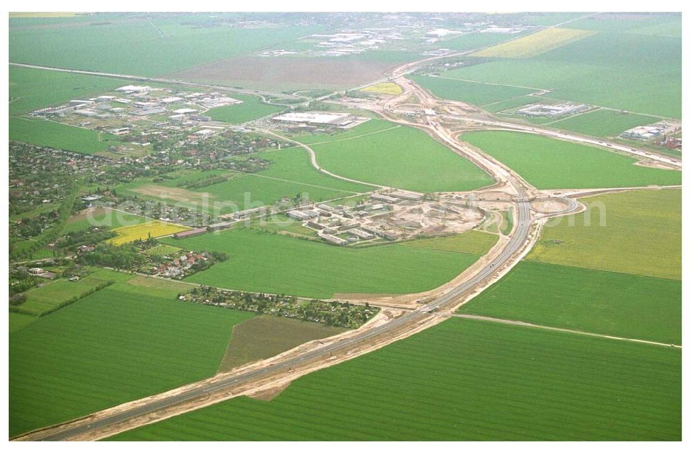 Aerial photograph Brehna / Sachsen-Anhalt - Ausbau der A100 Umfahrung von Brehna im Bereich der A9 / B100 zwischen Halle und Brehna in Sachsen-Anhalt nördlich des Schkeuditzer Kreuzes.