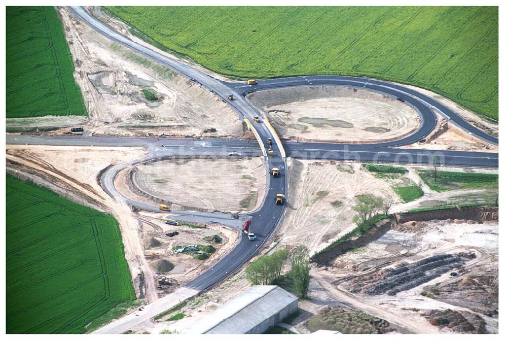 Aerial photograph Brehna / Sachsen-Anhalt - Ausbau der A100 Umfahrung von Brehna im Bereich der A9 / B100 zwischen Halle und Brehna in Sachsen-Anhalt nördlich des Schkeuditzer Kreuzes.