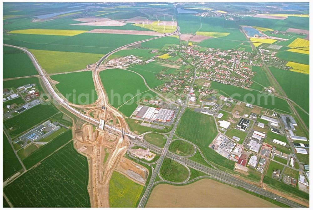 Brehna / Sachsen-Anhalt from the bird's eye view: Ausbau der A100 Umfahrung von Brehna im Bereich der A9 / B100 zwischen Halle und Brehna in Sachsen-Anhalt nördlich des Schkeuditzer Kreuzes.