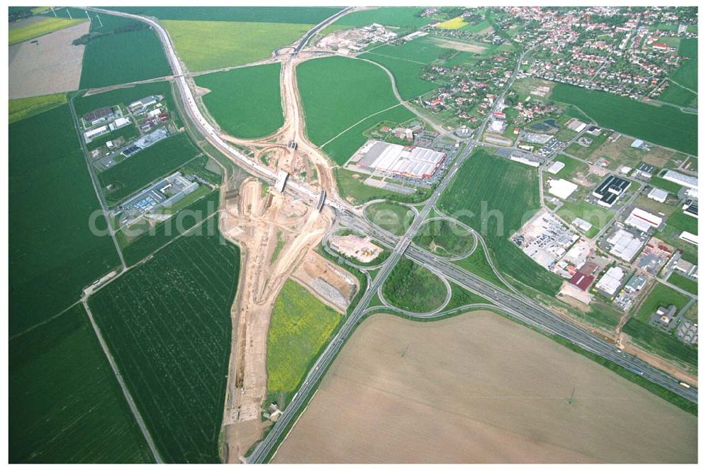 Aerial image Brehna / Sachsen-Anhalt - Ausbau der A100 Umfahrung von Brehna im Bereich der A9 / B100 zwischen Halle und Brehna in Sachsen-Anhalt nördlich des Schkeuditzer Kreuzes.