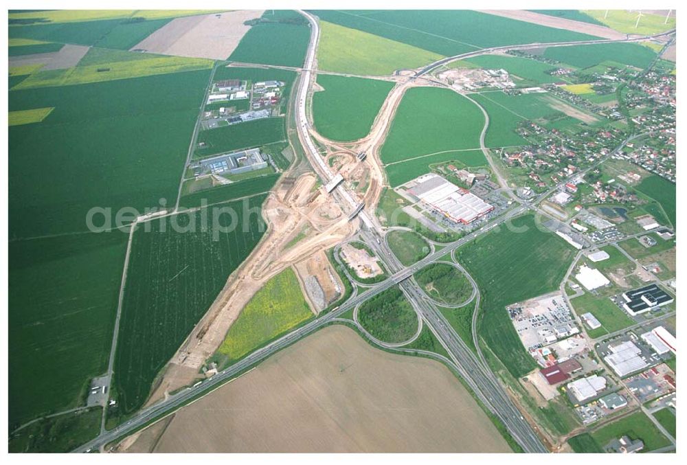 Aerial photograph Brehna / Sachsen-Anhalt - Ausbau der A100 Umfahrung von Brehna im Bereich der A9 / B100 zwischen Halle und Brehna in Sachsen-Anhalt nördlich des Schkeuditzer Kreuzes.