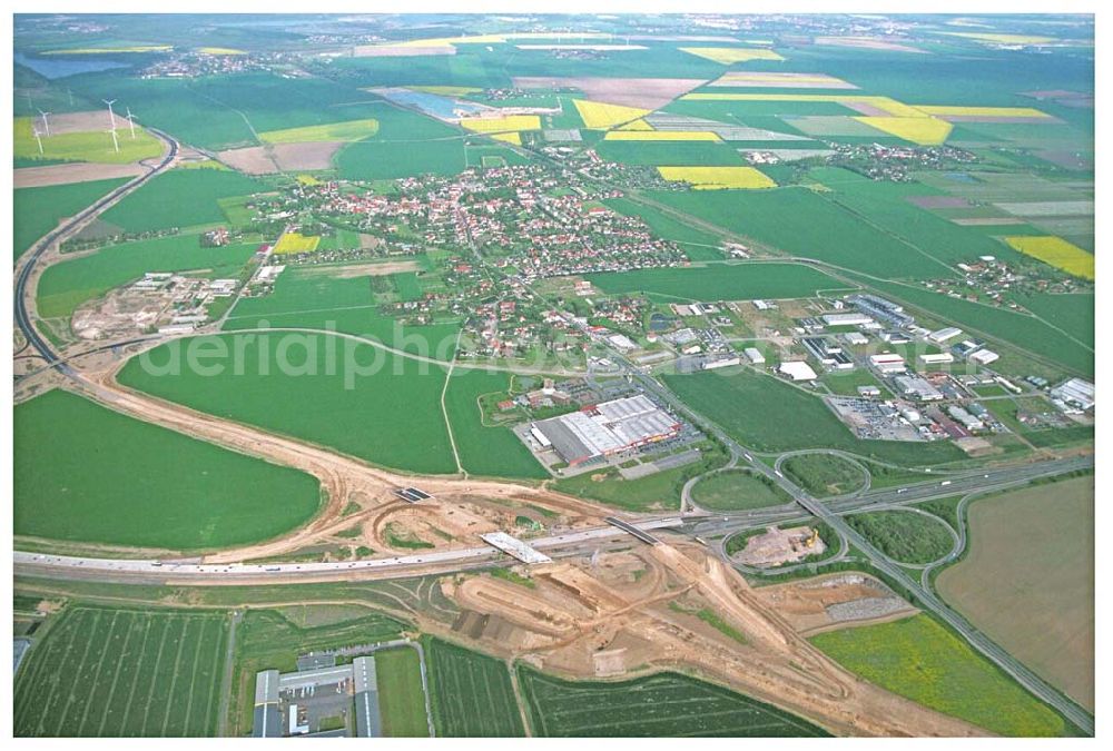 Aerial photograph Brehna / Sachsen-Anhalt - Ausbau der A100 Umfahrung von Brehna im Bereich der A9 / B100 zwischen Halle und Brehna in Sachsen-Anhalt nördlich des Schkeuditzer Kreuzes.