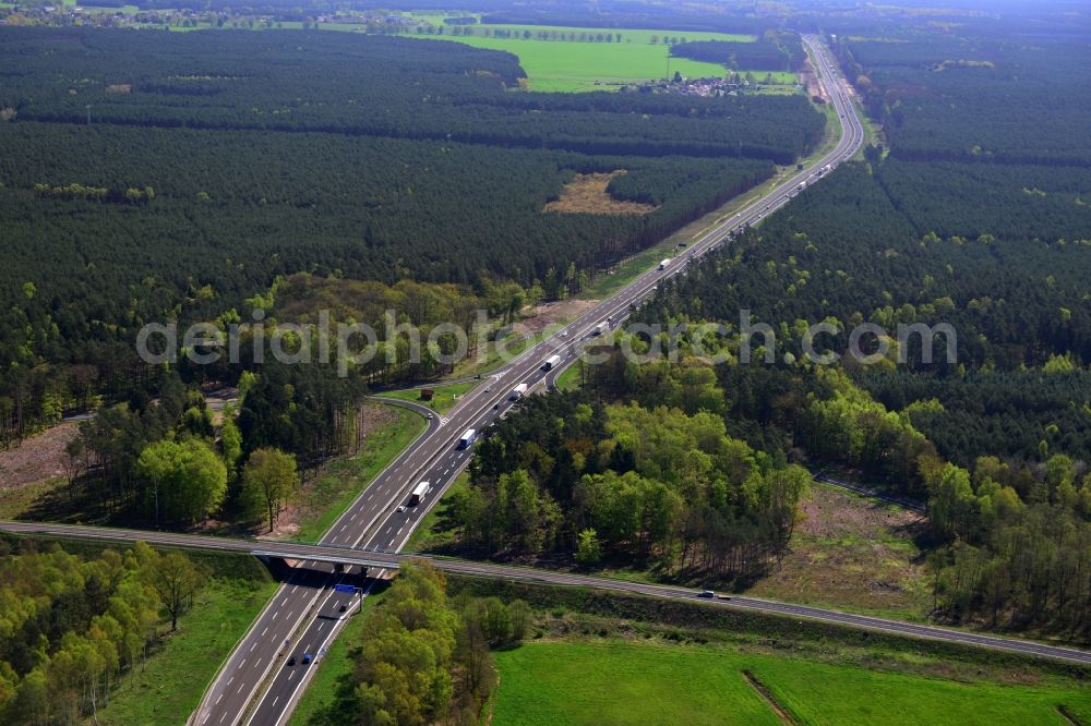 Spreeenhagen from the bird's eye view: Construction and widening of the route of the highway / motorway BAB A12 / E30 at the junction of State Road L23 at Spreenhagen in Brandenburg