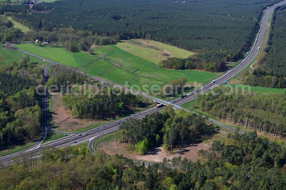 Spreeenhagen from the bird's eye view: Construction and widening of the route of the highway / motorway BAB A12 / E30 at the junction of State Road L23 at Spreenhagen in Brandenburg