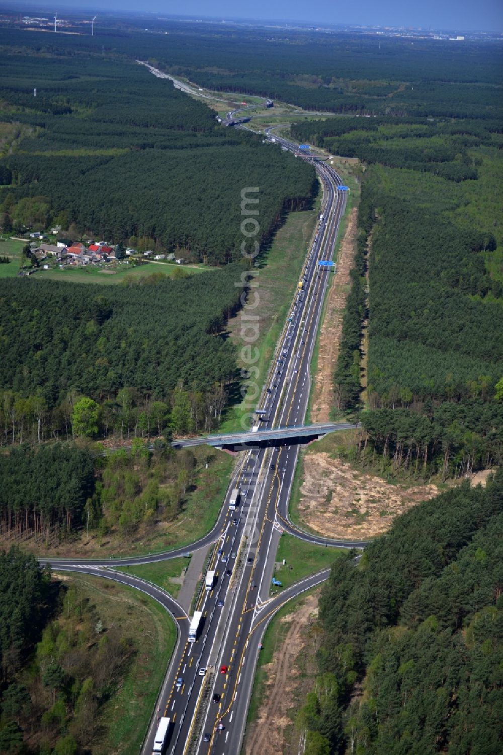 Dannenreich from the bird's eye view: Construction and widening of the route of the highway / motorway BAB A12 / E30 in the intersection of State Road L39 at Dannenreich in Brandenburg