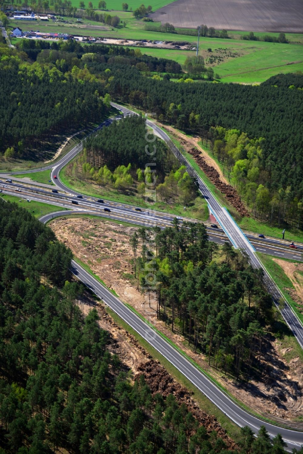 Dannenreich from above - Construction and widening of the route of the highway / motorway BAB A12 / E30 in the intersection of State Road L39 at Dannenreich in Brandenburg